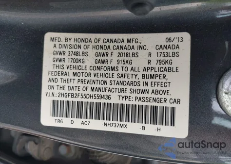 2013 Honda Civic Lx из США, поврежденный, VIN 2HGFB2F55DH559436